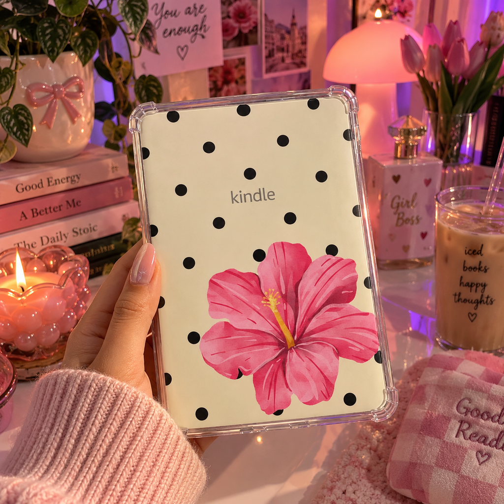 Pink Floral Kindle Insert, Aesthetic Kindle Screen Wallpaper, Hibiscus Reading Design