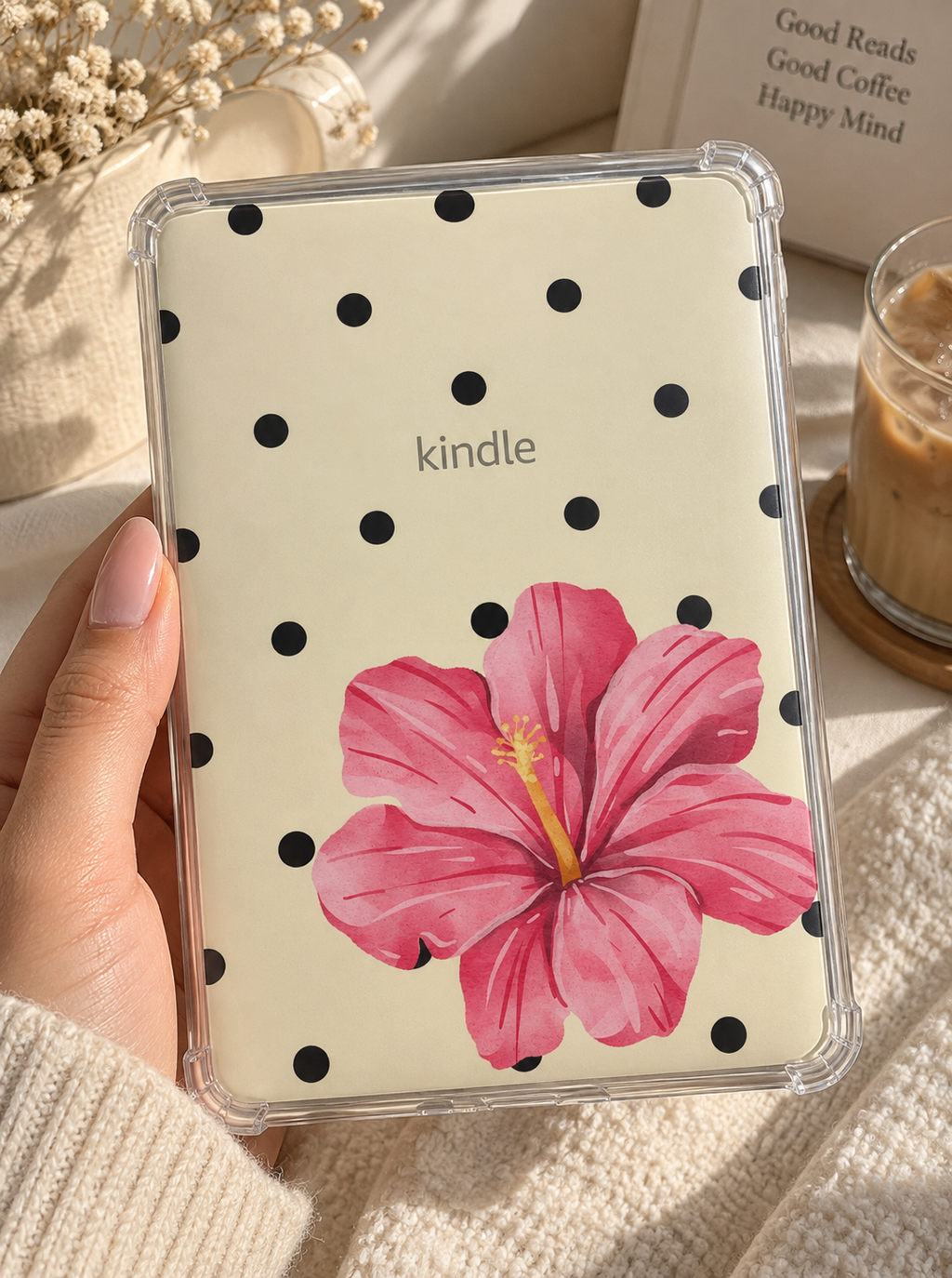 Pink Floral Kindle Insert, Aesthetic Kindle Screen Wallpaper, Hibiscus Reading Design